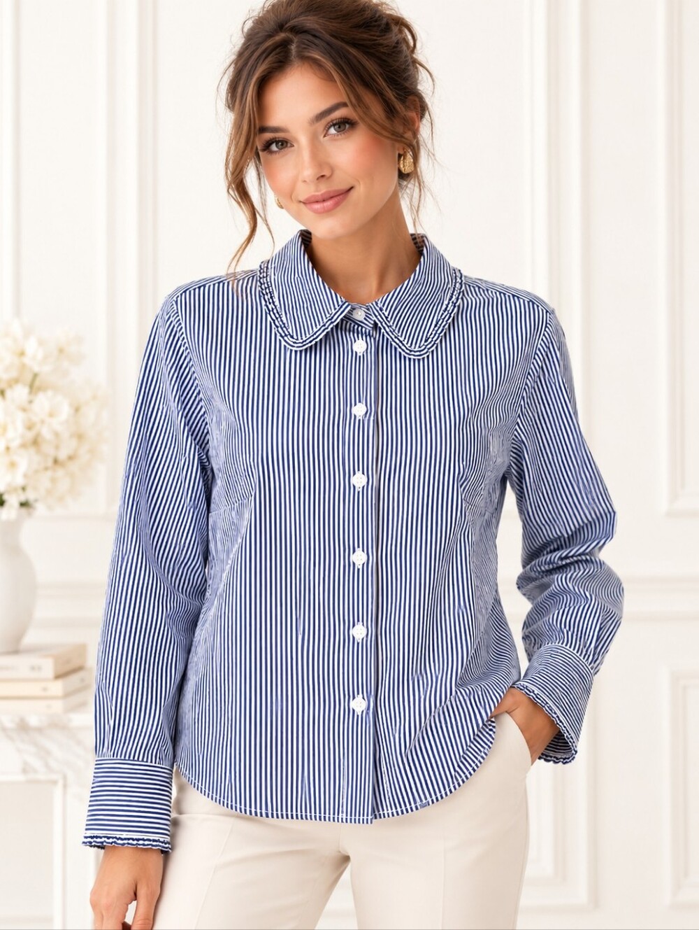 TNWT H&M Blue White Pinstripe Cotton Blouse | Peter Pan Collar | Size Large